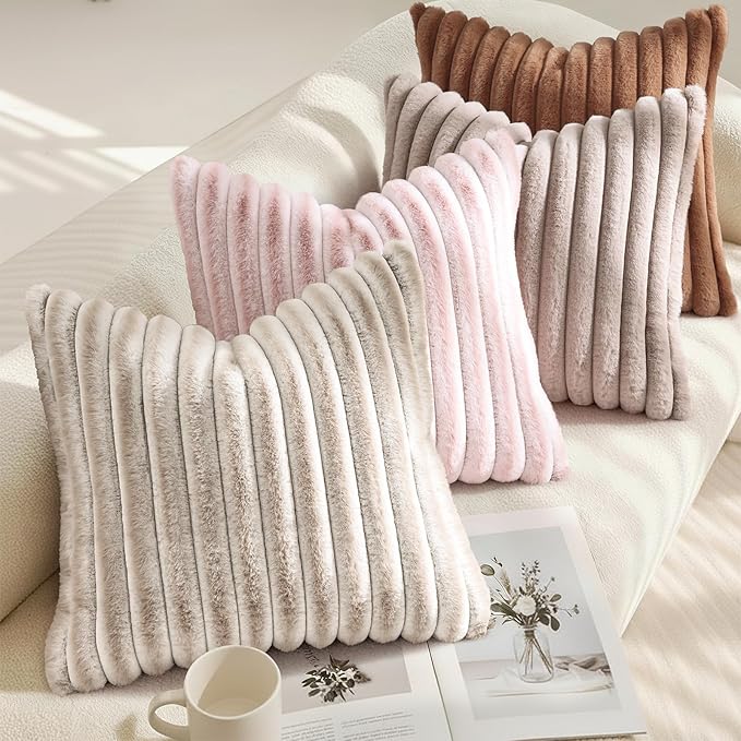 decorUhome Fall Faux Fur Throw Pillow Covers 22x22 Set of 2 Pink White | - Image 4