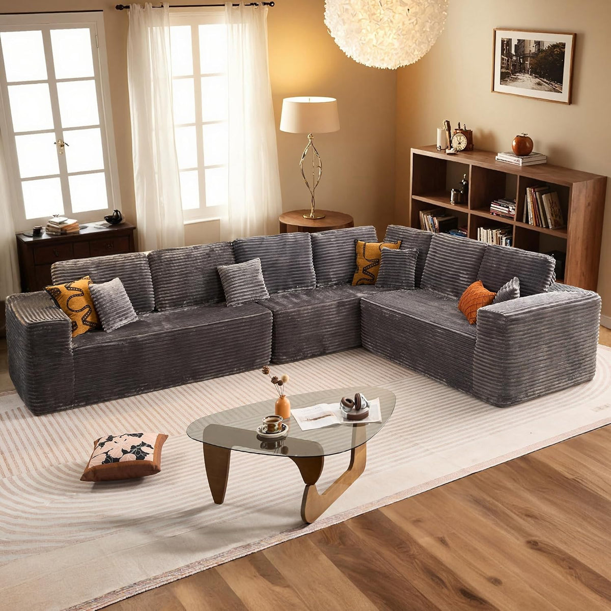 HOOOWOOO Cloud Sectional Couches for Living Room,Modular Sectional Sofa No Assembly,138X108 Inch Plush Corduroy Large L Shaped Floor Couch Set with Deep Seat(Gray)
