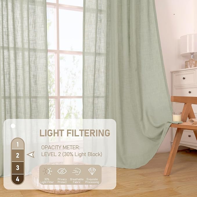 Linen Semi Sheer Curtains 96 inches Long 2 Panels Set, Sage Grey | Light - Image 4