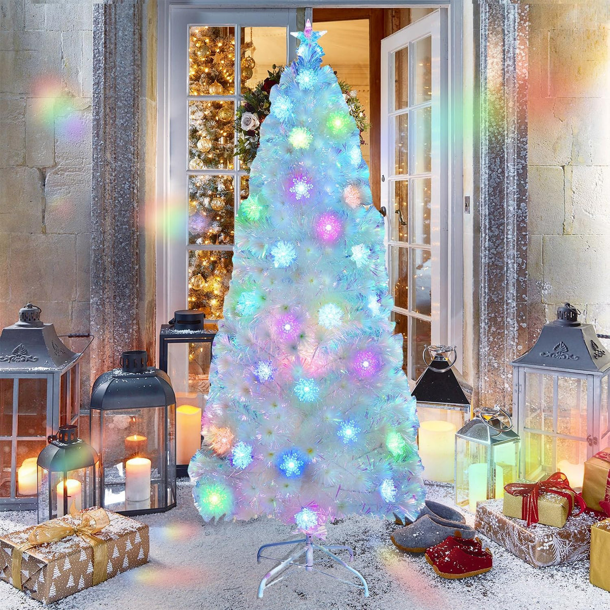 Juegoal 6ft Pre-Lit Artificial Christmas Tree, Lighted Optical Fiber Xmas Trees with Color Changing LED Lights, Snowflakes & Top Star, Party Home Holiday Fake Multicolored Tree with Metal Legs, White