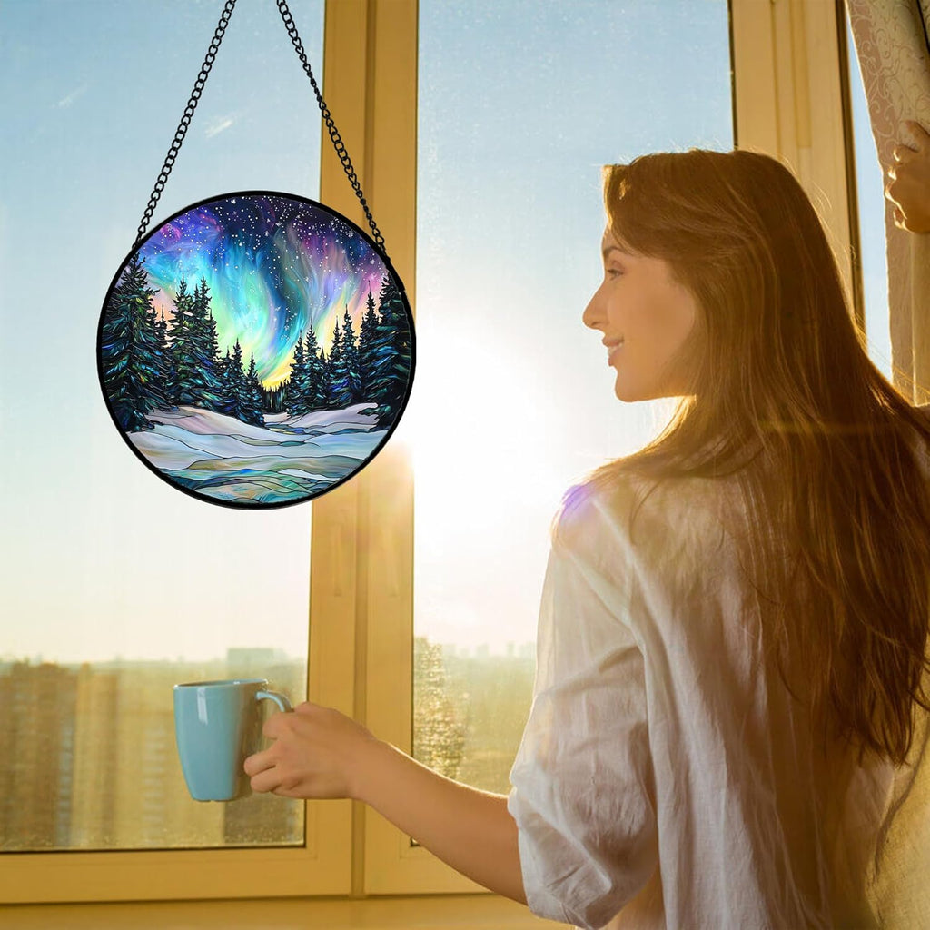 Stained Glass Window Hanging, Aurora Landscape Sun Catchers Glass Panel Green Trees Suncatcher Decor for Birthday for Women, Men, Wife, Aunt, and Mom 6.3 in