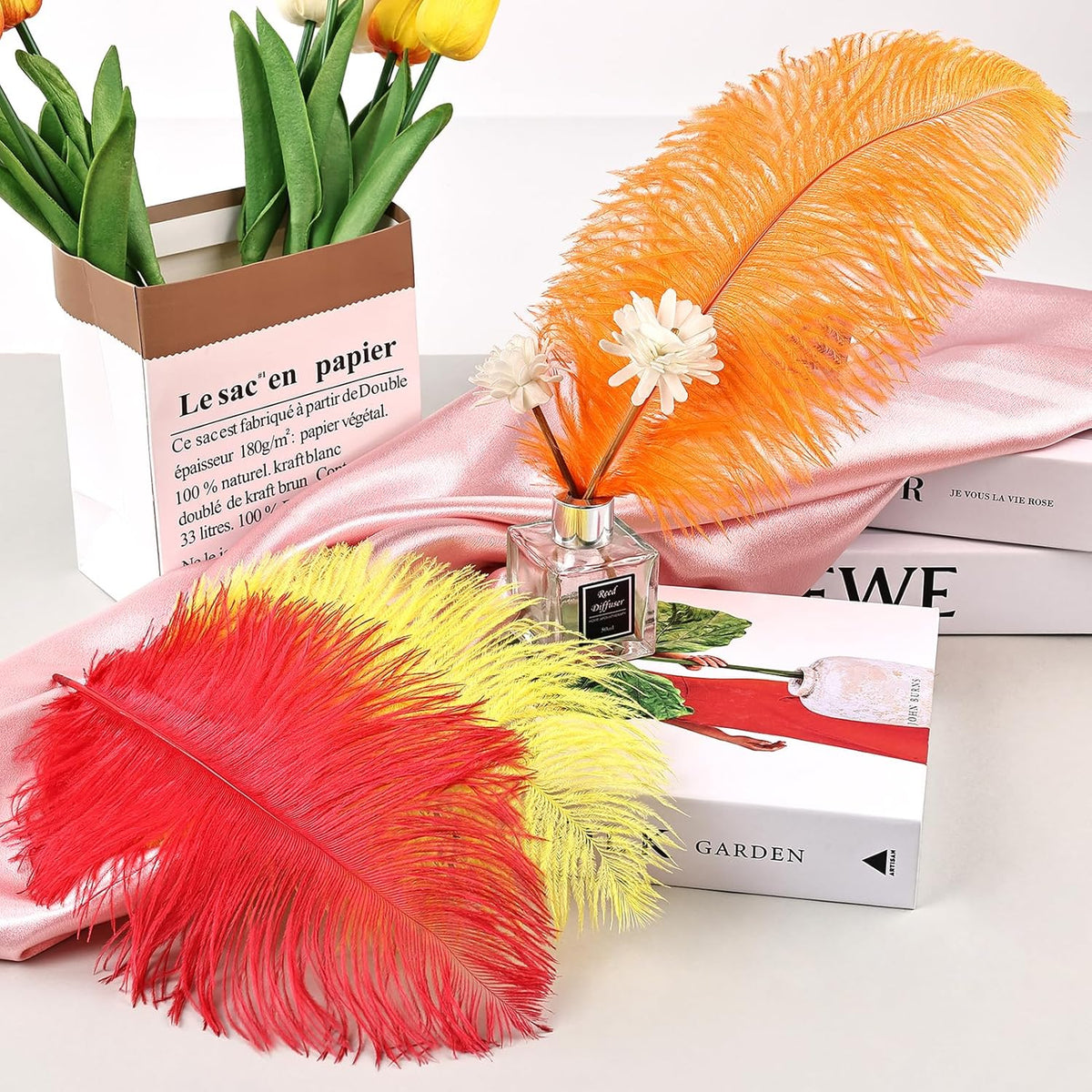 THARAHT Red Orange Yellow Ostrich Feathers 24pcs Natural Bulk 8-10Inch 20cm-25cm for Crafts Wedding Party Centerpieces Halloween and Home Decoration Feathers