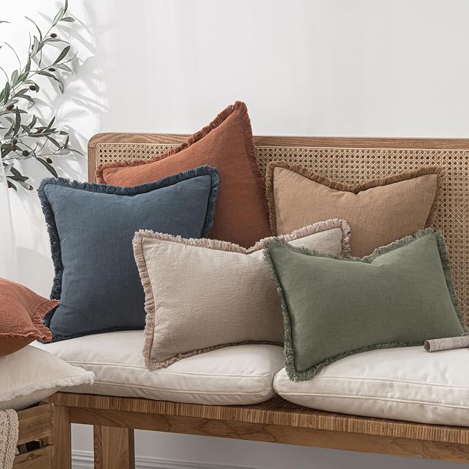 MIULEE Boho Natural Linen Fringe Decorative Throw Pillow Covers 18x18 | Set of 2 - Image 6