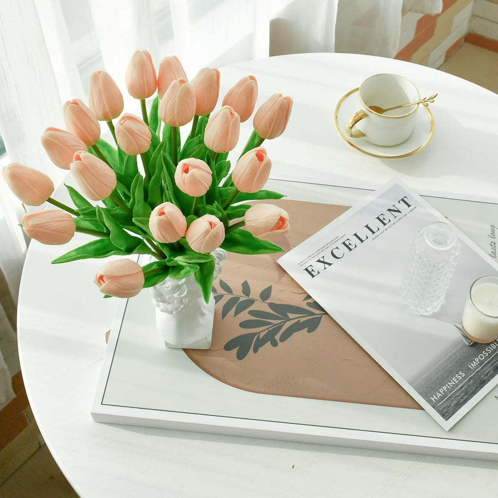 Mandy's Artificial Tulips 20 Stems Champagne PU Faux Flowers for Wedding Home Decor 13.5 Inch