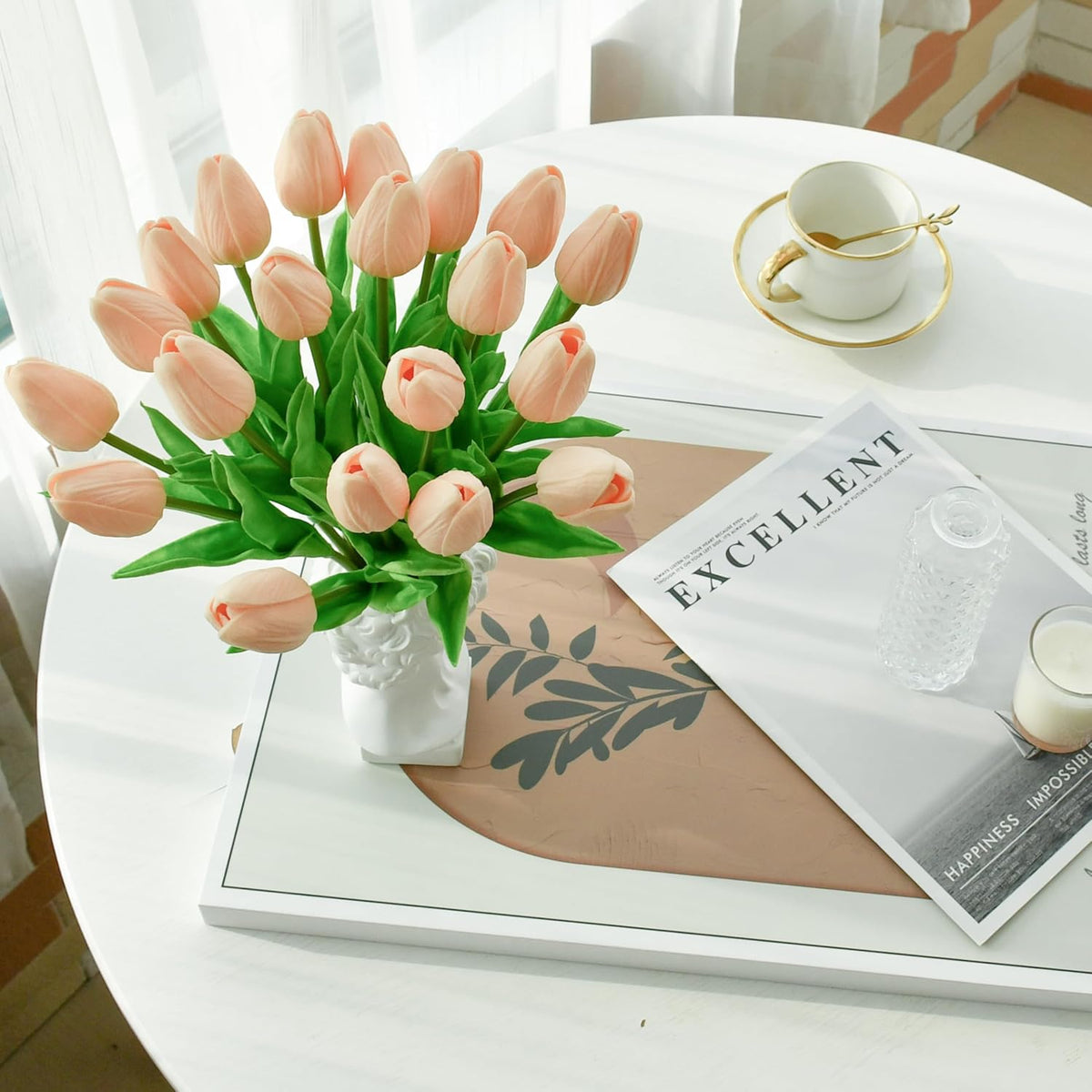 Mandy's Artificial Tulips 20 Stems Champagne PU Faux Flowers for Wedding Home Decor 13.5 Inch