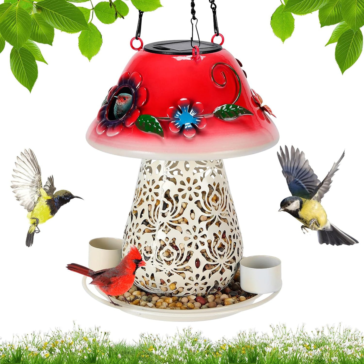 Mushroom Solar Bird Feeders for Outdoors Hanging Metal Wild Bird Feeder Garden Lantern with S Hook for Garden Decoration red