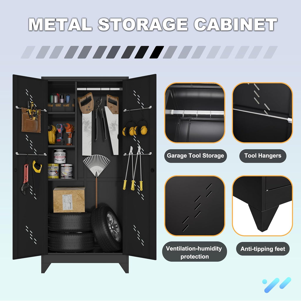 Metal Garage Storage Cabinet, 75” Cleaning Tool Cabinet with Hooks and Hanging Rods, Heavy Duty Garden Tool Organizer, Broom Cabinets for Home, Garage, Laundry Room, Gym, Workshop