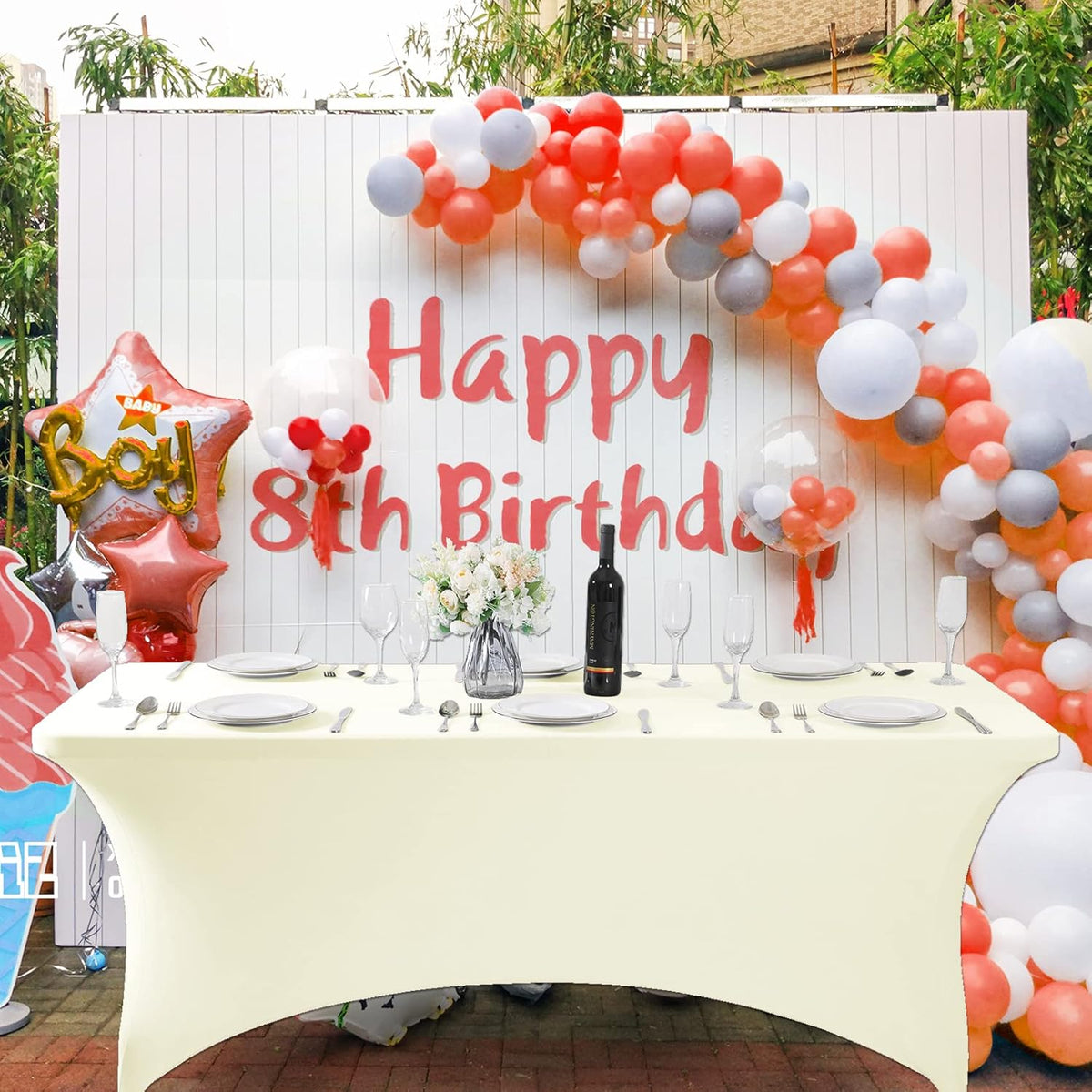 SuperO Waterproof Spandex Table Cover for 4FT Table Universal Fitted Stretch Tablecloth for Party, Banquet, Wedding and Events-Ivory