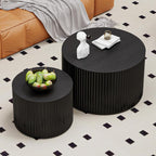 Round Nesting Coffee Table Wood Drum Nesting Tables Modern Stacking Coffee Table Set of 2 Fluted Center Table End Table for Living Room Home Office Small Spaces, No Assembling (Black Large)