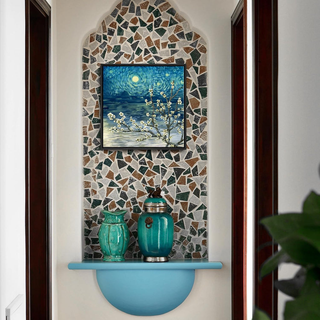 Framed Wall Art Bathroom Décor Modern Floral Tree Canvas Picture Plum Blossom Starry Night Flower Canvas Print Abstract Lake Blue Teal Yellow Painting for Modern Living Room Bedroom Office Décor Small
