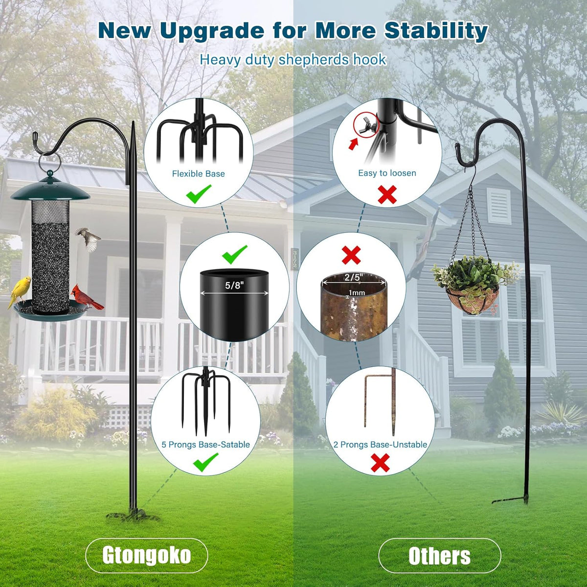 Gtongoko 63 Inch Shepherds Hooks for Outdoor with 5 Prongs Base, Adjustable Bird Feeder Pole Garden Hooks for Hanging Lanterns, Plants Baskets, Hummingbird Feeders, 2 Pack