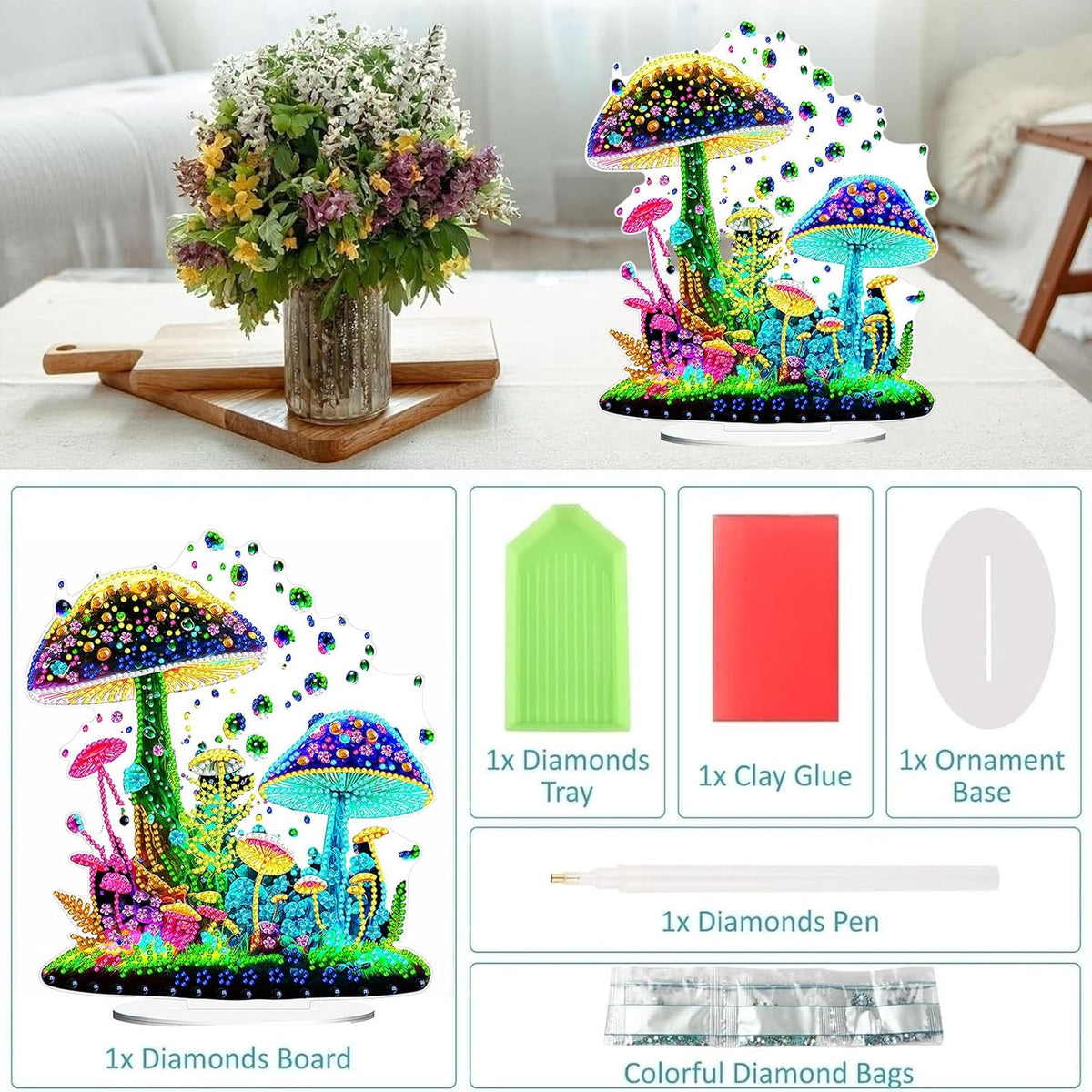 Diamond Painting Kits for Adults Beginners, 5D Full Drill Mushroom Crystal Art Desktop Ornament, DIY Single Sided Home Office Desk Decor, Creative Craft Gift Set with Tools
