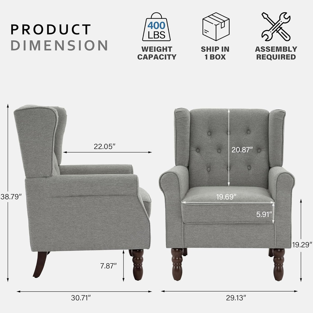 Lumibee High Back Accent Chair Set of 2,Upholstered Wingback Armchair with Solid Wood Legs for Small Spaces,Comfy Single Sofa Chair for Living Room,Bedroom,Office-Light Gray