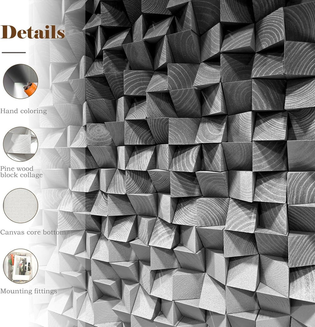 LIUZEYUE - Block Stereoscopic Painting Geometric Modeling Wall Decoration 3D Wooden Artwork Living Room Bedroom Background Wall Office Decoration Black and White Gradient 27.5 x 55.1 inches