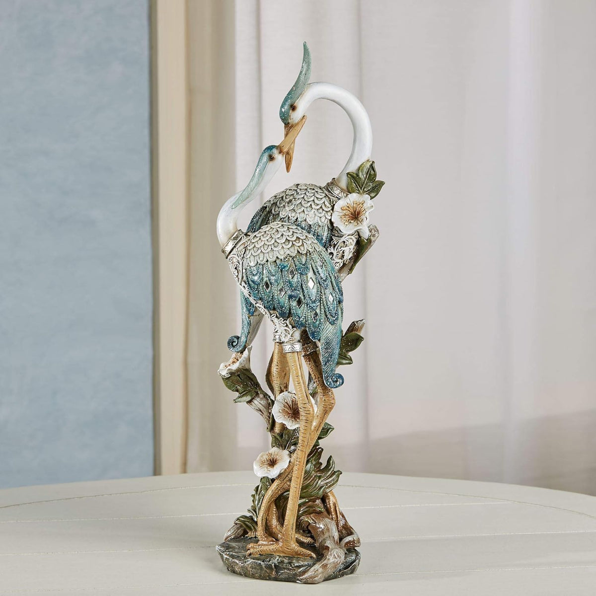 Devoted Cranes Table Sculpture Teal - Made of Resin Coastal Crane Shorebirds - Glitter Accents - Bird Statue - Flowers, Vining Leaves Base - Measures 5 Inches Wide, 16 Inches High