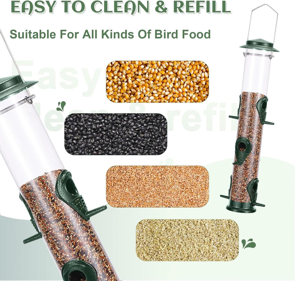 MIXXIDEA 1PK Metal Bird Feeders with 6 Feeding Ports,Tube Bird Feeder with Steel Hanger,Hard Plastic Wild Bird Feeder for Outdoors Hanging, Attracting Birds in Your Lawn, Garden, Balcony–Green