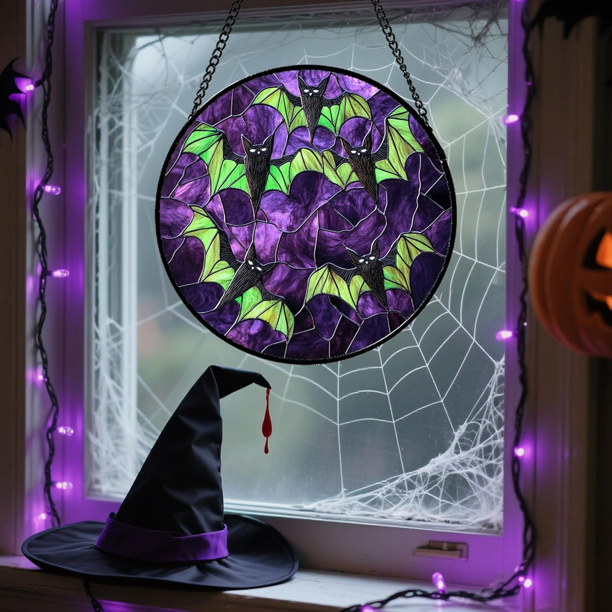 Stained Glass Window Hanging - Halloween Decorations Black Bat with Green Wings Suncatcher for Doors Garden Indoor Spooky Sun Catchers Gothic Decor Horror Gifts for Women Men Friend 9.8 in