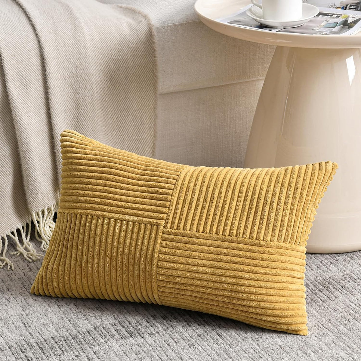 Fancy Homi 2 Packs Mustard Yellow Lumbar Decorative Throw Pillow Covers 12x20 Inch for Living Room Couch Bed, Rustic Farmhouse Boho Home Decor, Soft Striped Corduroy Rectangle Accent Cushion Case