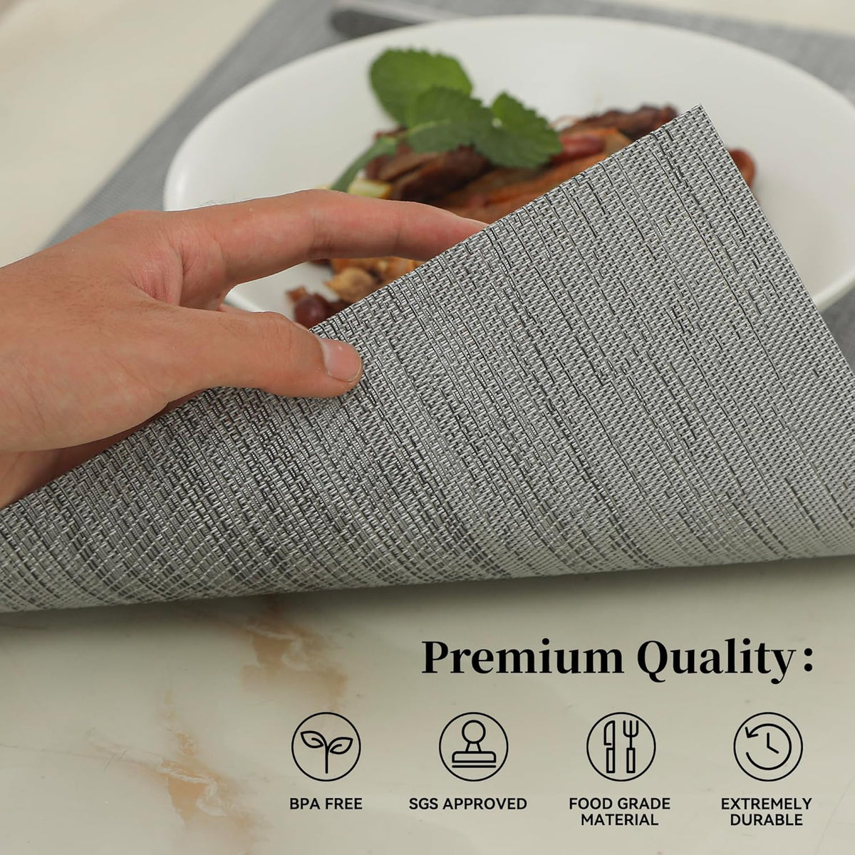 Leetaltree Grey Placemats, Heat Resistant Non-Slip Place mats for Dining Table, Washable Durable PVC Vinyl Woven Table Mats (Set of 12)