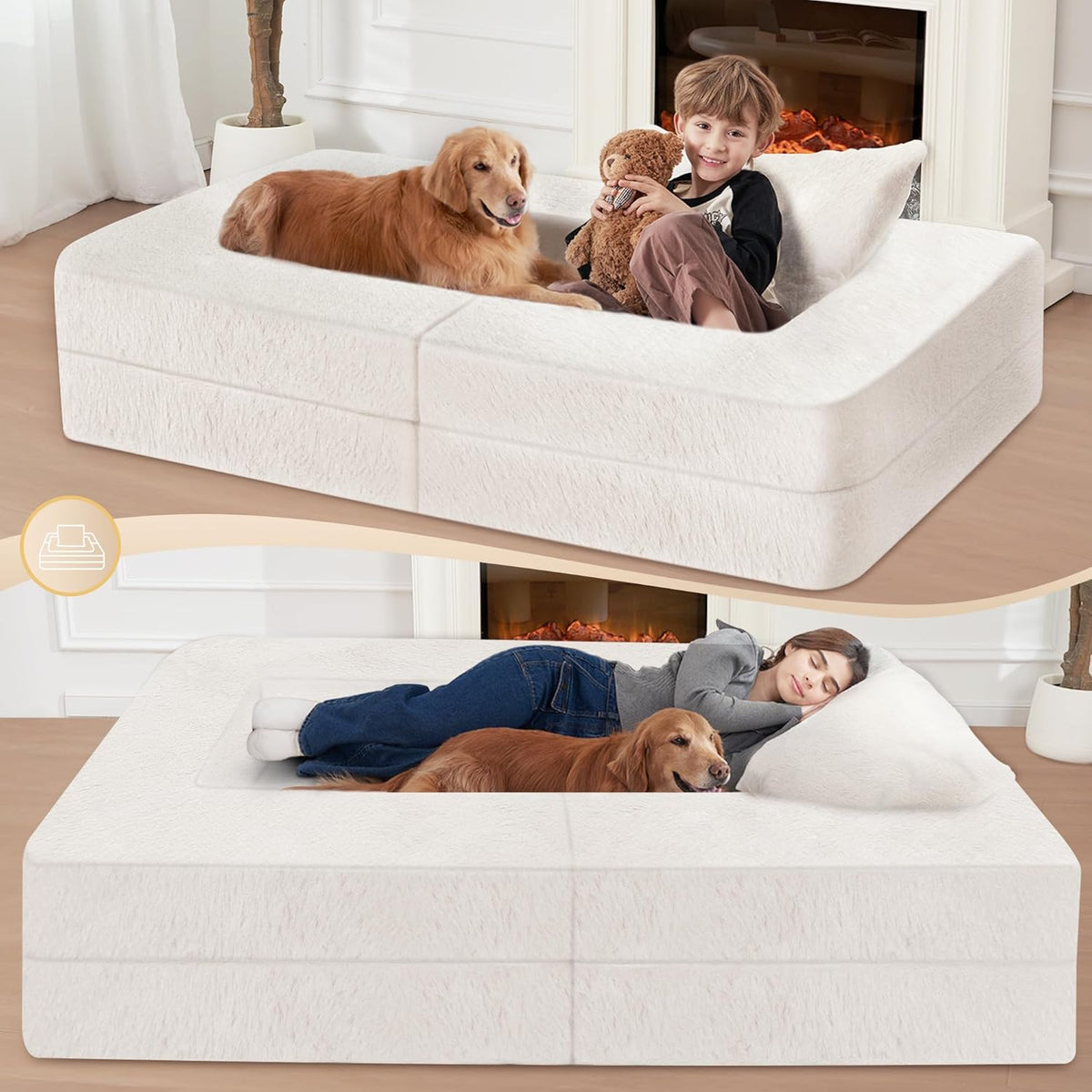 Folding Bean Bag Chair for Adults,3-in-1 Bean Bag Couch Faux Fur Floor Sofa Large Beanbag Convertible Bean Bag Sofa Bed with Pillow in Bedroom,Living Room,Apartment(Twin,Milky White)