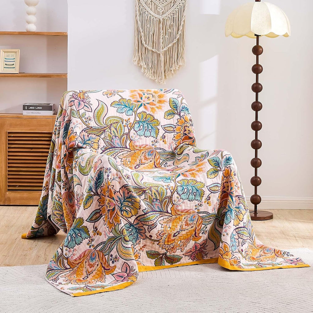 Boho Throw Blanket for Bed, 100% Cotton Soft Rustic Quilt Fall Blanket, 80"x90" Floral Printed Farmhouse Decor Bed Blankets, All Season Rustic Reversible Bohemian Throw Quilt