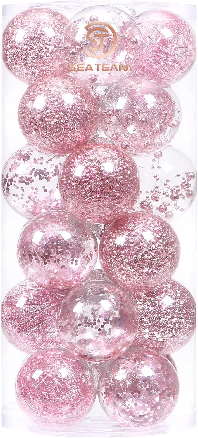 Sea Team Shatterproof Clear Plastic Christmas Ball Ornaments Decorative Xmas Balls Baubles Set with Stuffed Delicate Decorations (70mm/2.76 inch 24-Pack, Pink)