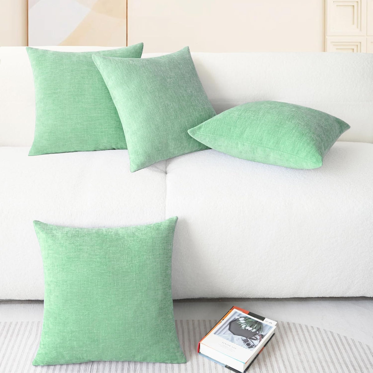 CaliTime Throw Pillow Covers Decorative 18 X 18 Inches Pack of 4 Cozy Chenille Cushion Cases for Couch Sofa Bed Living Room Home Grey Green