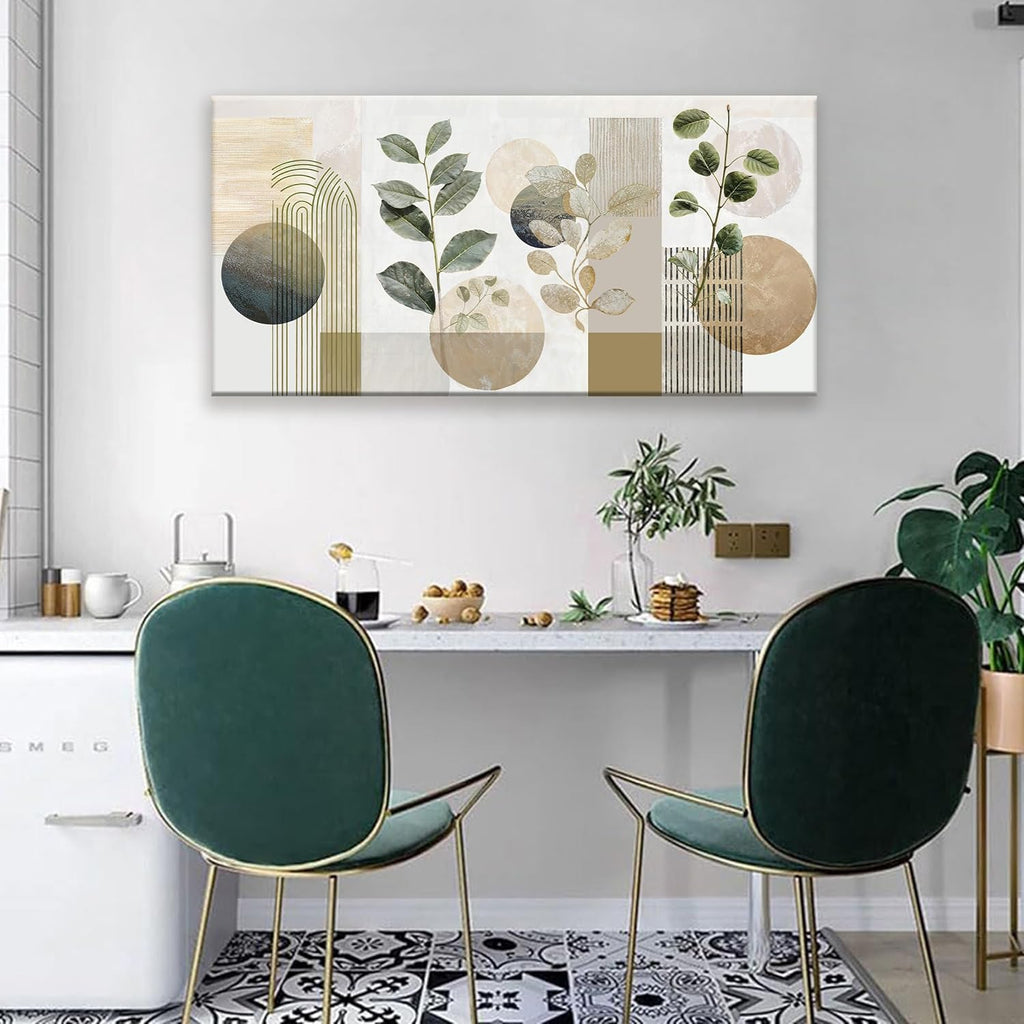 TAIJXAGSG Green Boho Wall Art Minimalist Canvas Wall Art Decor Geometric Line Leaf Beige Green Wall Art Canvas Artwork Print Paintings Abstract Art Botanical Boho Room Office Home Wall Decor 20"X 40"