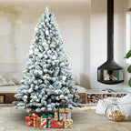 6ft Snow Flocked Christmas Tree, Unlit Artificial Holiday Christmas Pine Tree, Hinged Xmas Tree with Pine Cone, Full Appearance Snowy w/Easy Assembly, Metal Stand