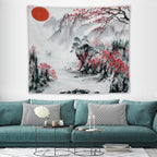 Cherry Blossoms Tapestry,Japanese Red Landscape Asian Watercolor Abstract Art Tapestry, Asian Japanese Wall Tapestry, Nature Landscape Tapestries for Bedroom Living Room Decor 60"x50"