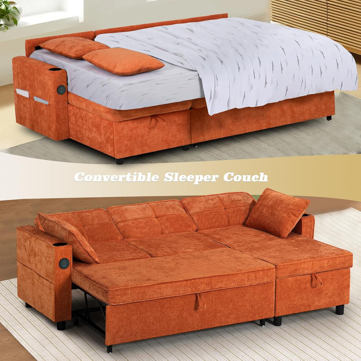84 Inches Chenille Sectional Sofa w/Pull-Out Sofa Bed & Adjustable Back, Tufted L-Shaped Couch w/Storage Chaise, Sleeper Sectional Sofa w/USB Port & Cup Holders for Living Room, Orange