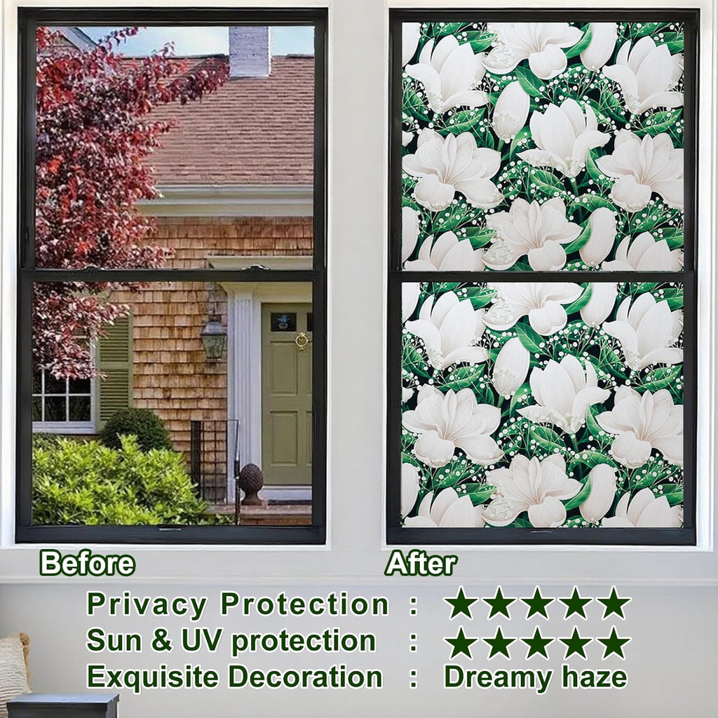 Window Privacy Film Stained Glass Decorative Static Clings Frosted Window Tint for Home Room Decor Bathroom Door Car Stickers with Glittering Effect, Removable(Magnolia Design)