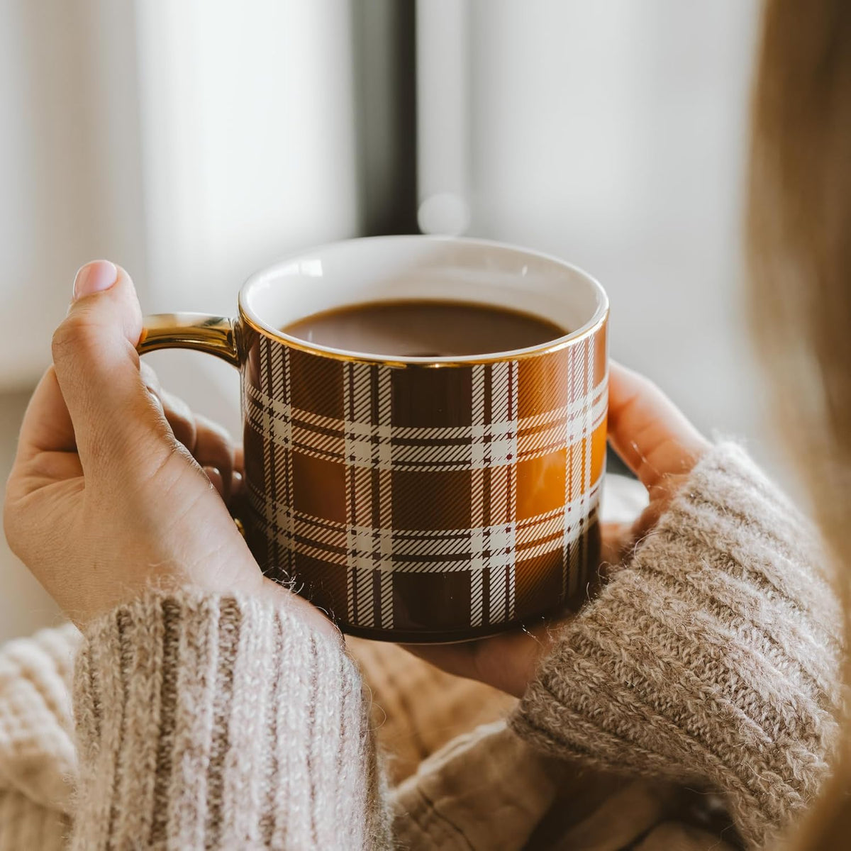 Sweet Water Decor Brown Plaid Mug with Gold Handle, 14oz Fine Bone China Coffee Cup for Tea, Latte, or Hot Cider, Cozy Fall Drinkware, Housewarming & Hostess Gift for Autumn and Thanksgiving