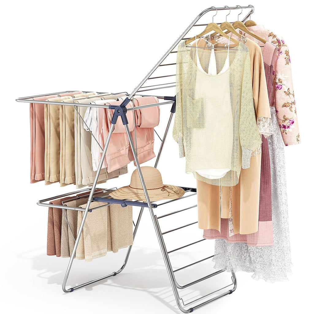 APEXCHASER Clothes Drying Rack with 4 Wings, Drying Rack Clothing with Height-Adjustable, Foldable Gullwings Laundry Drying Rack, Indoor Outdoor Use, No Assembly, Blue