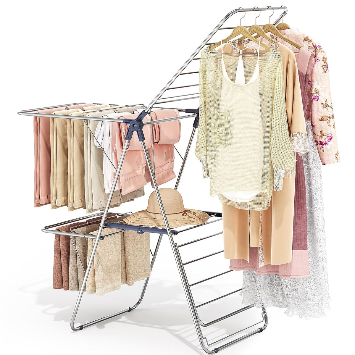 APEXCHASER Clothes Drying Rack with 4 Wings, Drying Rack Clothing with Height-Adjustable, Foldable Gullwings Laundry Drying Rack, Indoor Outdoor Use, No Assembly, Blue