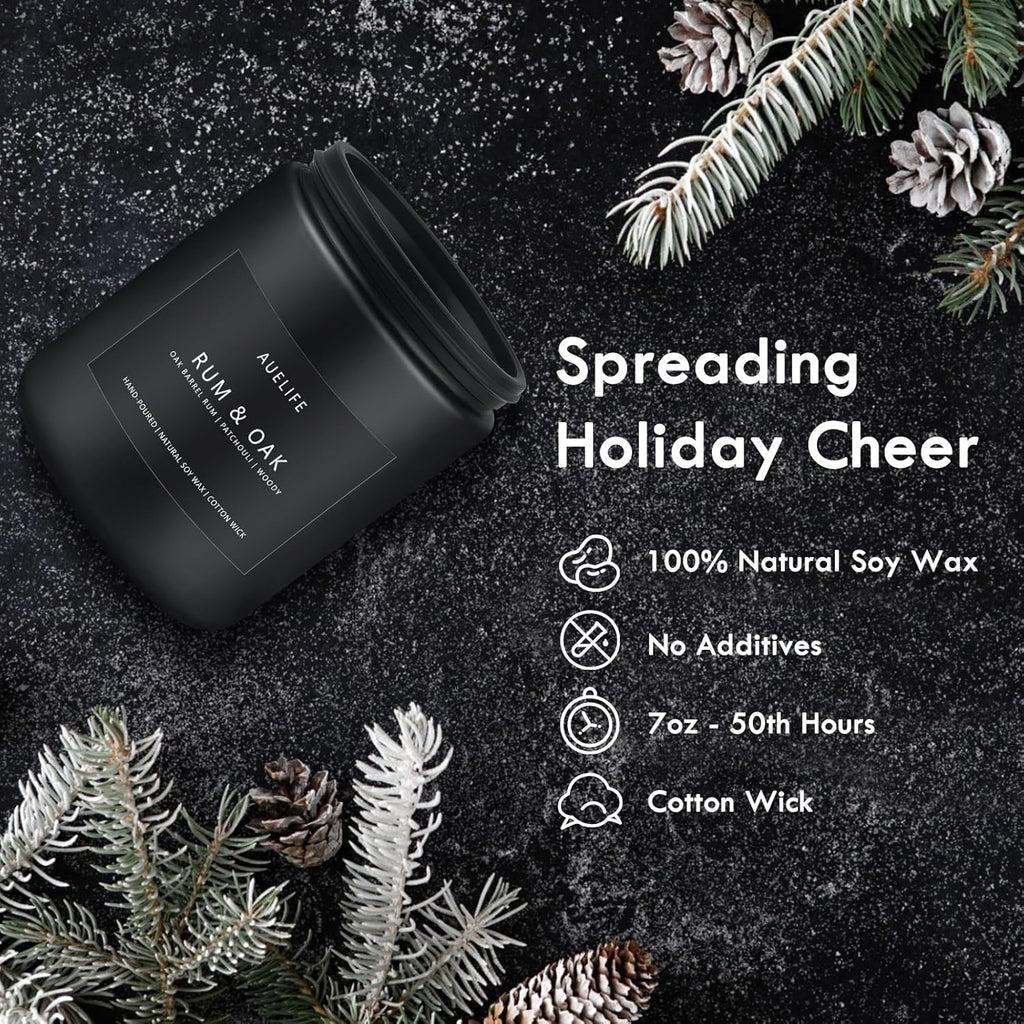 Rum & Oak Candle | Candles for Men, Gifts for Men - Masculine Scent - Soy Candles for Home Scented - Scented Candle for Home, Aromatherapy Candle for Bedroom - 7oz Black Jar