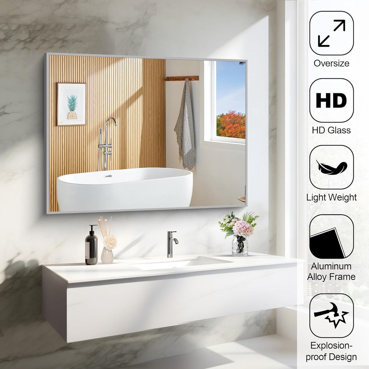 30x40In Silver Bathroom Mirror for Wall, Brushed Nickel Rectangle Mirrors with Metal Frame, Bathroom Rectangular Mirror Modern Wall Mirror for Bedroom Living Room, Hangs Horizontal or Vertical