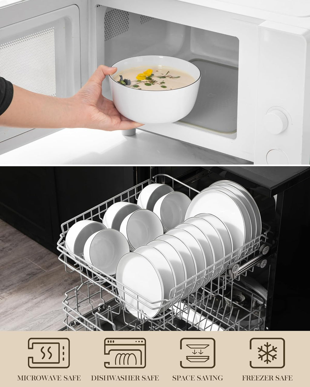 MALACASA 24 Pieces Gourmet Porcelain Dinnerware Sets, Premium Plates and Bowls Set, High-Fired Dishes Set for 8, Chip & Scratch Resistant, Microwave Dishwasher Safe, White & Black Rim, Series LEXI