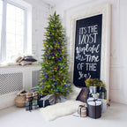 Fraser Hill Farm 9-Ft. Carmel Pine Slim Artificial Christmas Tree with Dual Multicolor & Warm White LED Lights and Stand, Prelit Foldable Fake Tree with Realistic Foliage for Home Decoration