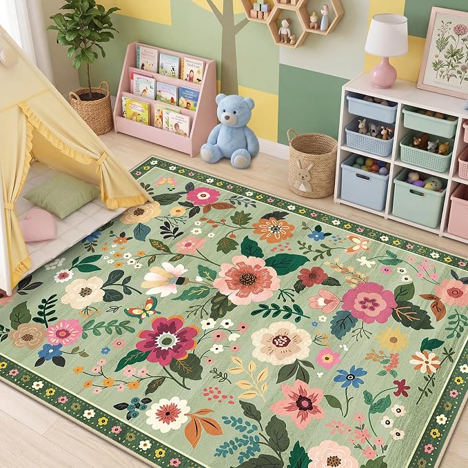 RELEANY Floral Washable 5x7 Area Rugs LightGreen | Flower Carpet Print Boho - Image 9
