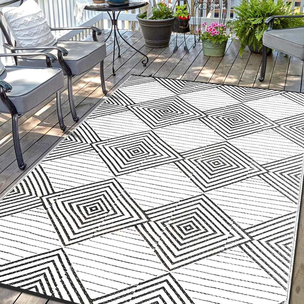 Waterproof Outdoor Rug 8x10ft, Foldable Reversible Plastic Straw Mat for Patio RV Deck Porch Backyard Balcony Camping Picnic Beach Indoor Outdoor Carpet, Black&White