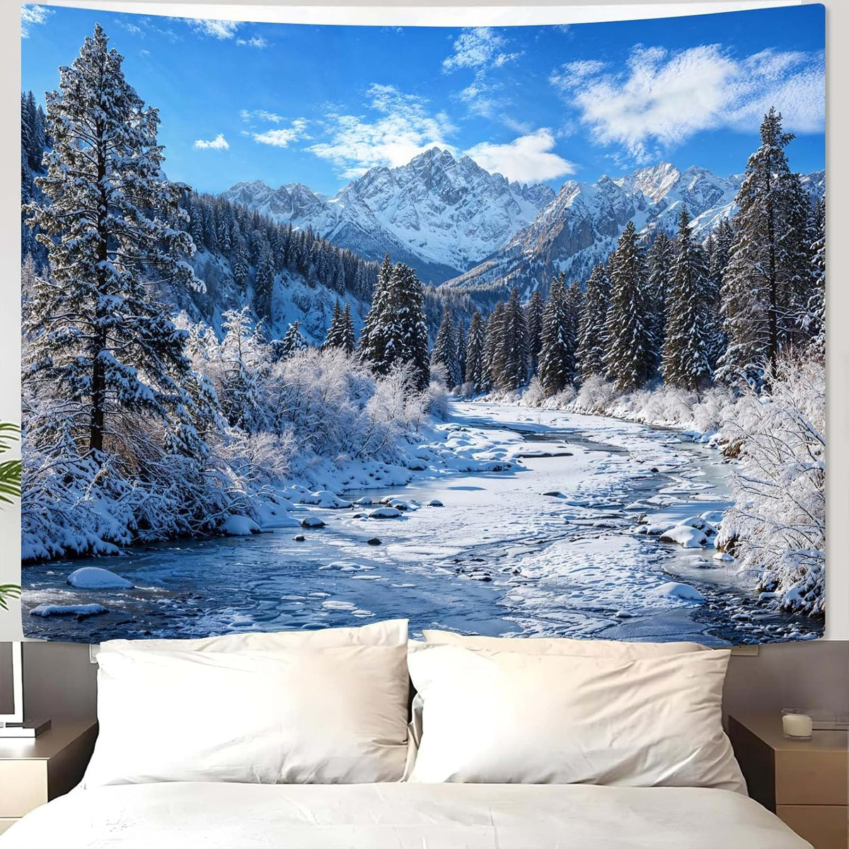 AMM Winter Forest Snow Mountain Tapestry Snowy Pine Tree Woodland Tapestry for Bedroom Aesthetic White Clouds Flowing River Landscape Tapestries Wall Hanging for Living Room Dorm Office 80 x 60 Inch