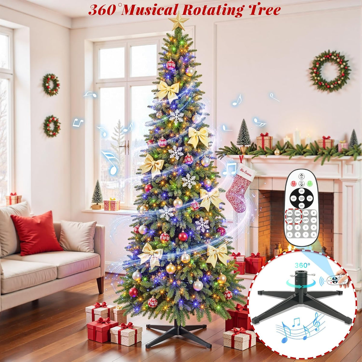6.5ft Slim Pencil Christmas Tree Pre-lit, Remote Control, Rotating & Foldable Stand, RGB & Warm White Light for Home Decor