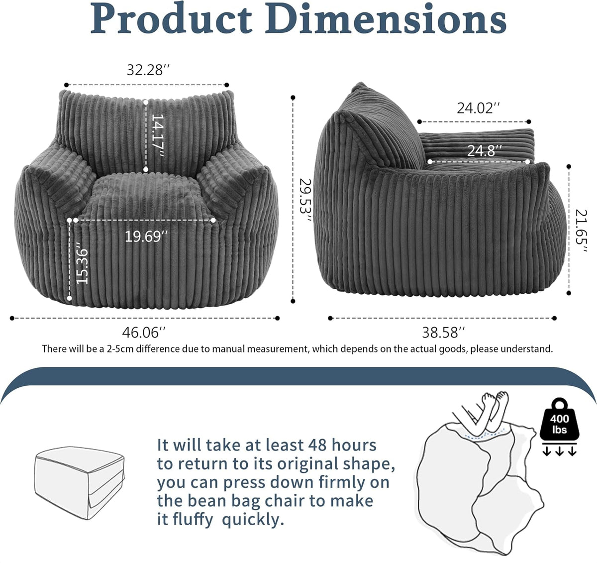 Giant Plush Bean Bag Chair for Adults with Armrests - Oversized Comfy Grey Beanbag Lounge Lazy Floor Sofa Accent Chair for Living Room, Bedroom & Dorm, Cozy Fluffy Single Cloud Mini Couch