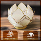 Blooming Lotus Capiz Shell Tealight Candle Holder, Handcrafted Decorative Tea Light Candleholder with Translucent Flower Petals for Ambient Illumination and Natural Elegance, Natural