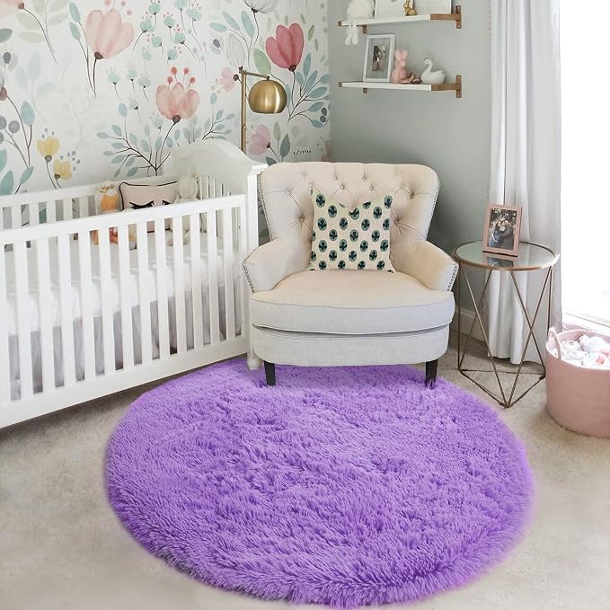 Amdrebio Purple Fluffy Round Kids Area Rug 5Ft - Image 7