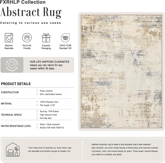 Area Rug Living Room: 4x6 Modern Washable Soft Carpet Beige Brown | - Image 2
