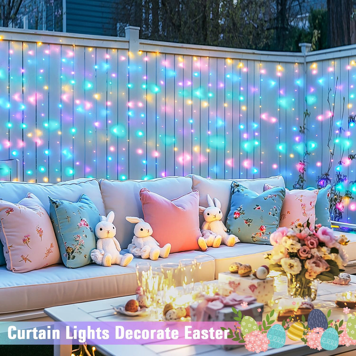 JMEXSUSS 300LED Easter Decorations Curtain Lights with Remote, 9.8x9.8ft Easter Sting Lights Plug in for Bedroom Wall Window Party Backdrop Porch Patio Garden Yard Indoor Outdoor Decor