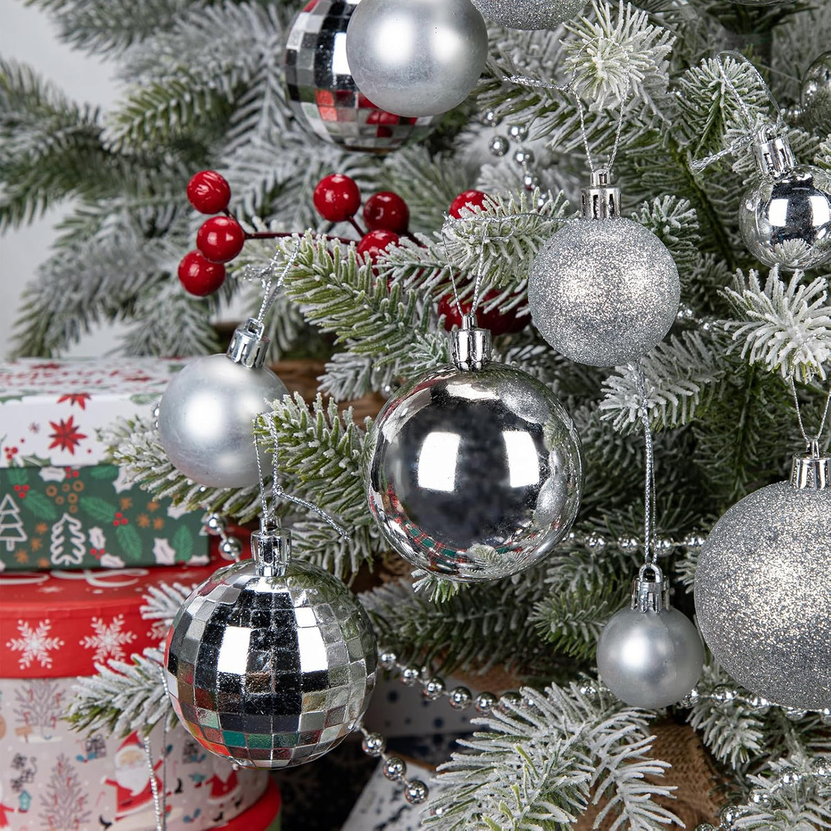 50pcs Silver Christmas Ball Ornaments Silver Large Shatterproof Christmas Tree Decorations Xmas Tree Ornaments Balls with Hanging Loop for Xmas Wedding Holiday Party Wreath Home Decor