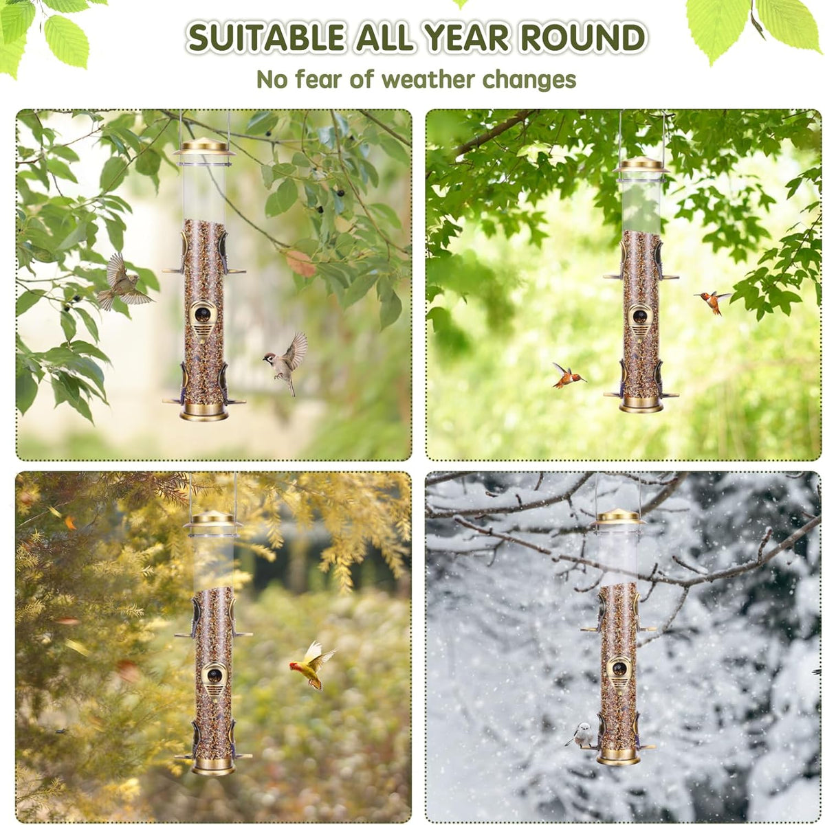 MIXXIDEA 2PK Metal Wild Bird Feeder Squirrel Proof Bird Feeders for Outside Hanging 6 Port Tube Bird Feeder Transparent Finch Feeder with Steel Hanger (Bronze)